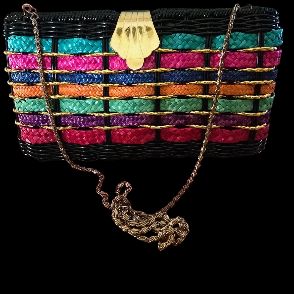 Vintage NWT Black Rainbow Stripe Wicker Handbag